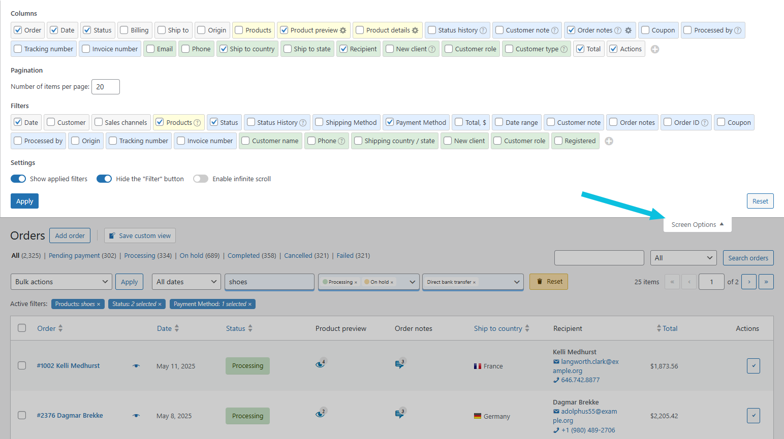 OrderFusion Screen Options panel showing Columns, Filters, and Settings sections