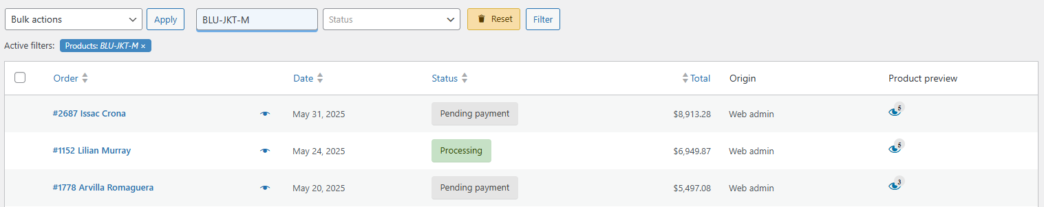 Products filter with SKU search showing filtered results
