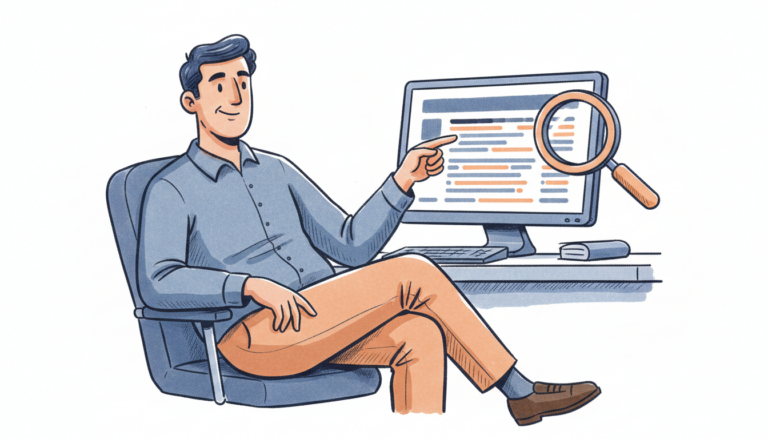 Store manager pointing at filtered order list with magnifying glass