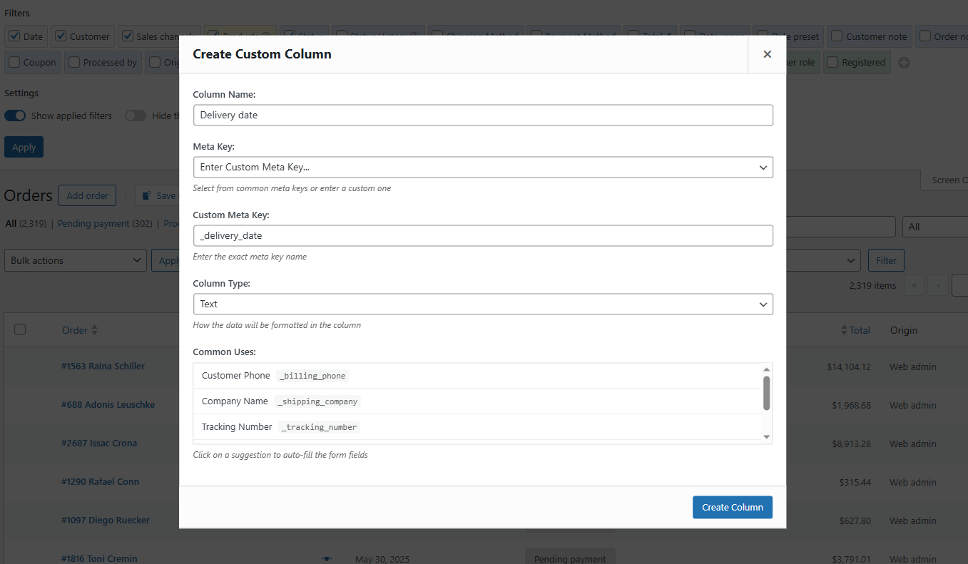 OrderFusion Create Custom Column form with Delivery date column name and _delivery_date meta key