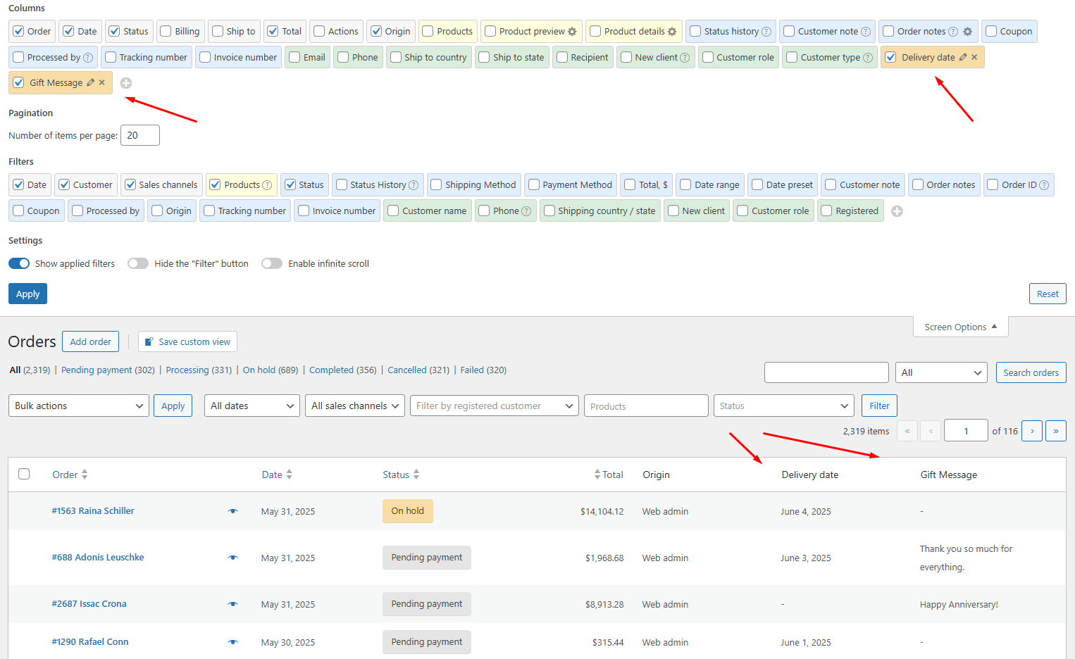 WooCommerce orders list with Delivery date and Gift Message custom columns visible