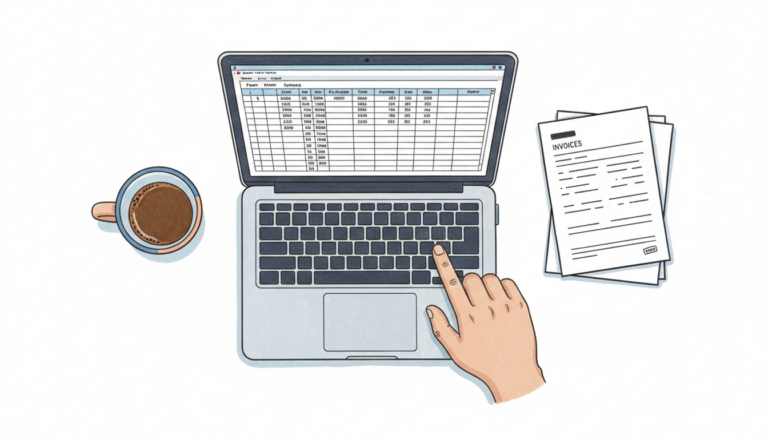 Bird-eye view marker sketch of a desk with laptop showing CSV export spreadsheet, coffee mug, and invoices